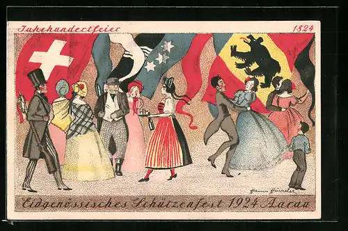 AK Aarau, Eidgenössisches Schützenfest 1924, Teilnehmer beim Tanz, Jahrhundertfeier