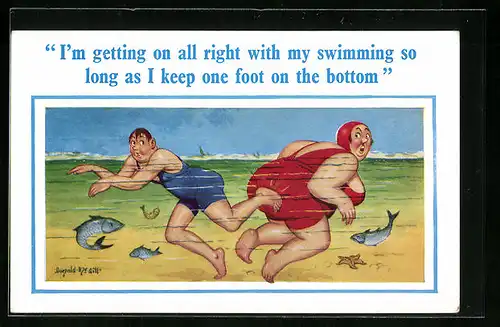 Künstler-AK Donald McGill: Schwimmer tritt versehentlich eine Frau unter Wasser