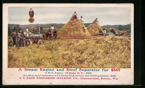 AK Steam Engine and Steel Separator, J. I. Case Threshing Machine Co., Arbeiter mit Erntemaschine auf dem Feld
