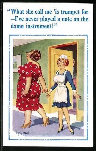 Künstler-AK Donald McGill: Dienstmädchen blickt der Hausherrin ängstlich hinterher