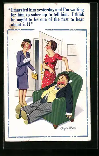 Künstler-AK Donald McGill: Ehefrau zeigt auf ihren schlafenden Gatten