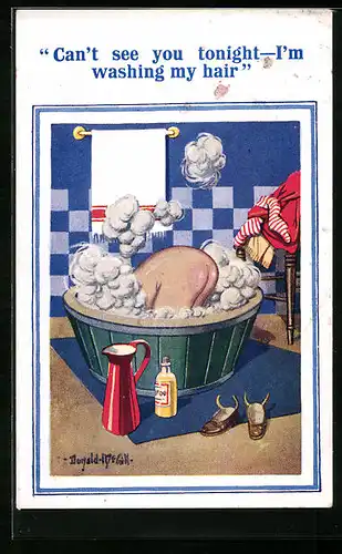 Künstler-AK Donald McGill: Junge steckt seinen Kopf in den Waschzuber