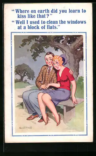 Künstler-AK Donald McGill: Verliebtes Paar sitzt auf der Parkbank