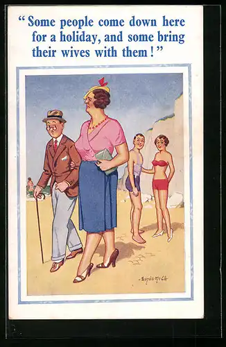 Künstler-AK Donald McGill: Ungleiches Ehepaar beim Strandspaziergang