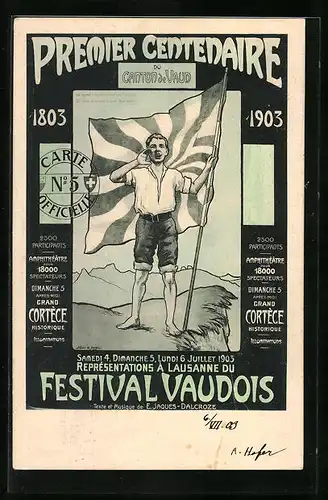 AK Schweiz, Premier Centenaire du Canton de Vaud 1903, Festival Vaudois, Junge mit Flagge auf einem Felsen stehend
