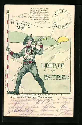 AK Schweiz, Centenaire Vaudois 1903, Schweizer Soldat mit Trompete erinnert an den 14. April 1803