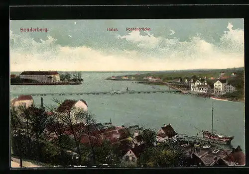 AK Sonderburg, Hafen mit Pontonbrücke