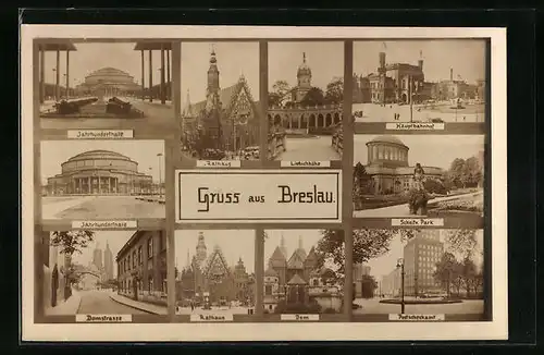 AK Breslau, Jahrhunderthalle, Rathaus, Hauptbahnhof, Domstrasse und Postscheckamt