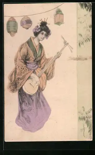 AK Junge hübsche Geisha mit Musikinstrument