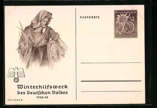 AK Ganzsache WHW Winterhilfswerk des deutschen Volkes 1938 /39, Monat Oktober, Bäuerin mit Getreide