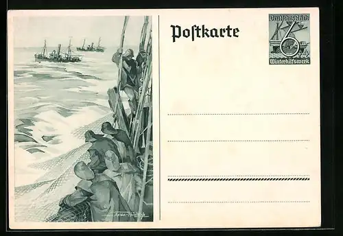 AK Ganzsache WHW Winterhilfswerk, Fischer auf hoher See