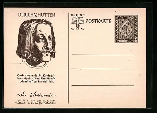 AK Ganzsache WHW Winterhilfswerk, Bildnis Ulrich v. Hutten, Spruch Sterben kann ich, aber Knecht sein kann ich nicht...