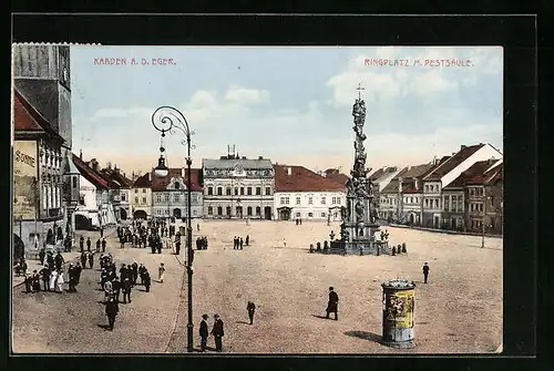 AK Kaaden an der Eger, Ringplatz mit Pestsäule