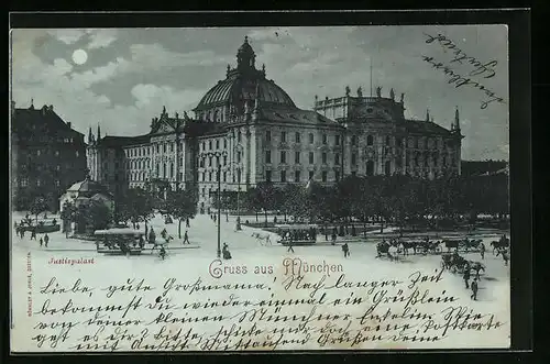 Mondschein-AK München, Justizpalast mit Pferdewägen