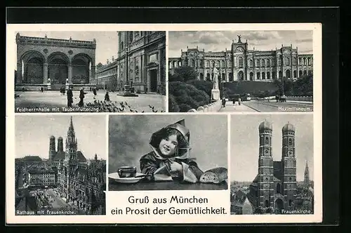 AK München, Feldherrnhalle mit Taubenfütterung, Rathaus mit Frauenkirche, Münchner Kindl mit Bierglas