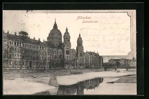 AK München, Lukaskirche im Winter