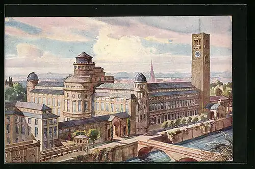 Künstler-AK München, Deutsches Museum, Ansicht von Nordwest