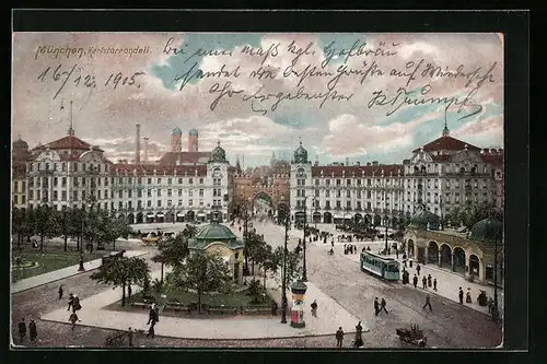 AK München, Karlstorrondell mit Litfasssäule und Strassenbahn