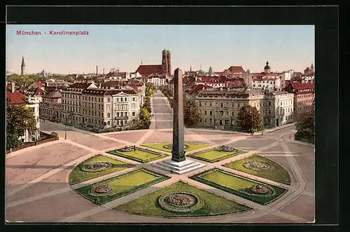 AK München, Karolinenplatz mit Denkmal und Frauenkirche