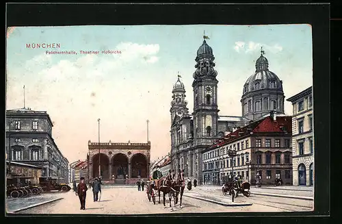 AK München, Feldherrnhalle und Theatiner Hofkirche mit Pferdewagen
