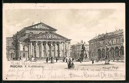 Künstler-AK München, Hoftheater und Haupt-Post mit Denkmal