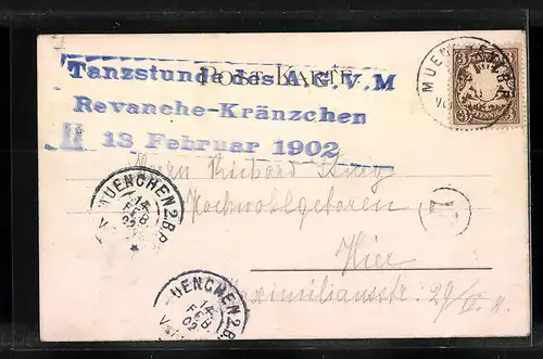 Künstler-AK München, Hoftheater und Haupt-Post mit Denkmal