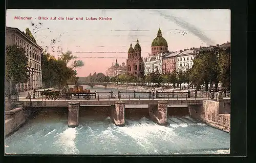 AK München, Blick auf die Isar und Lukas-Kirche mit Brücke