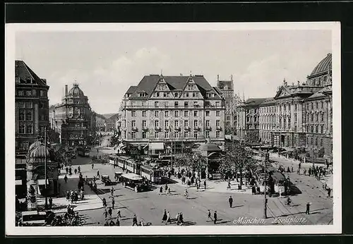 AK München, Karlsplatz mit Geschäften und Strassenbahn