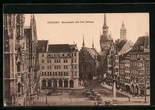 AK München, Marienplatz mit Geschäften und Café Rathaus