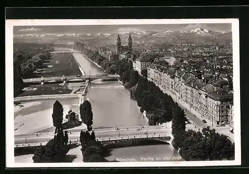 AK München, Partie an der Isar mit Brücke