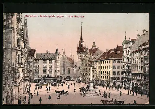 AK München, Marienplatz mit Geschäften und Denkmal gegen d. alte Rathaus, Strassenbahn