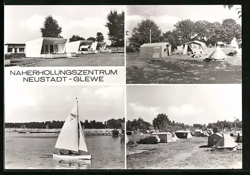 AK Neustadt-Glewe /Kr. Ludwigslust, Zeltplatz, Uferpartie mit Segelboot, Ortspartie