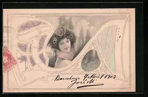 AK Junge Frau mit Kopfschmuck in Landschaft, Jugendstil