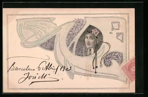 AK Junge Frau mit Blumen im Haar, Ornament, Jugendstil