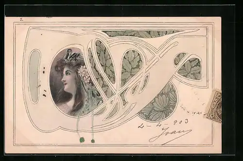 AK Junge Frau mit Blumen und Schwan im Haar, Ornament, Jugendstil