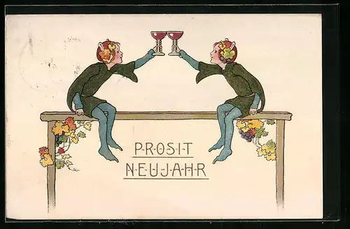 AK Zwei Faune mit Gläsern, Neujahrsgruss, Jugendstil