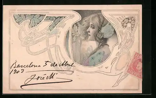 AK Junge Frau mit Kopfschmuck, Ornament, Jugendstil