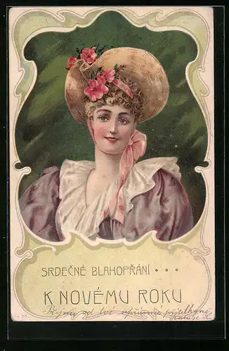 AK Junge Dame im Kleid mit Hut, Jugendstil