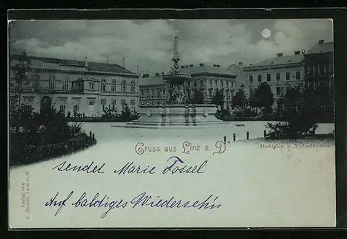 Mondschein-AK Linz a. D., Marktplatz und Neptunbrunnen