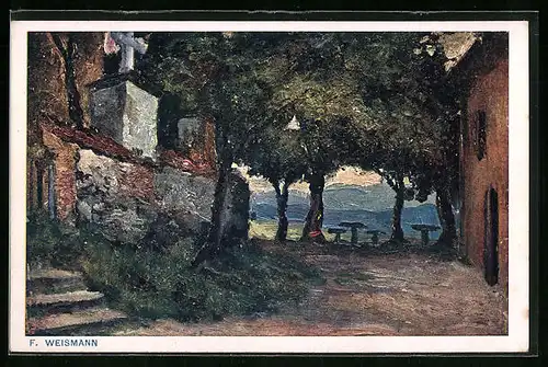 Künstler-AK Linz, Huber`scher Gastgarten am Freinberg