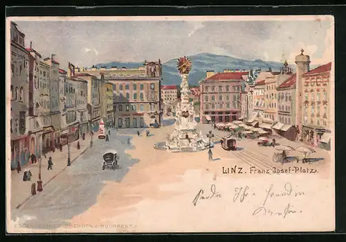 Lithographie Linz, Franz Josef-Platz mit Denkmal und Strassenbahn
