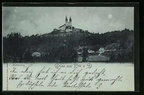 Mondschein-AK Linz a. D., Pöstlingberg mit Kirche