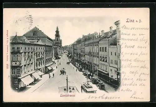 AK Linz a. D., Landstrasse mit Notariatskanzlei und Strassenbahn