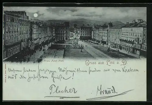 Mondschein-AK Linz a. D., Franz Josef-Platz mit Denkmal