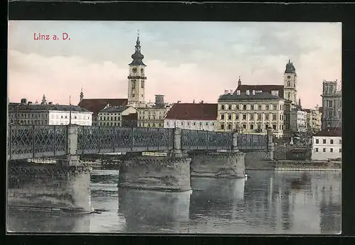 AK Linz a. D., Uferpartie mit Kirche und Brücke
