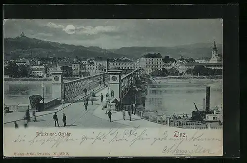 Mondschein-AK Linz, Brücke und Urfahr