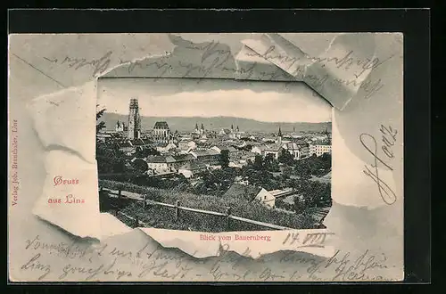 AK Linz, Blick vom Bauernberg auf den Ort durch zerrissenes Papier