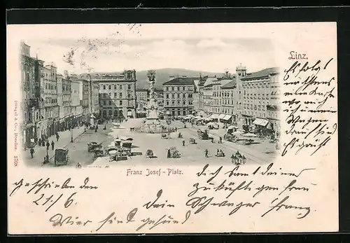 AK Linz, Franz Josef-Platz mit Geschäften und Denkmal