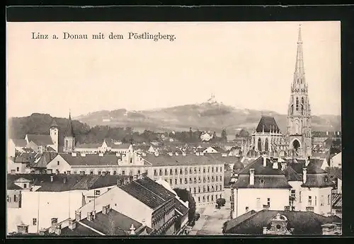 AK Linz a. Donau, Teilansicht mit Kirche und dem Pöstlingberg