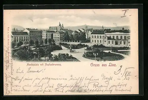 AK Linz, Marktplatz mit Neptunbrunnen